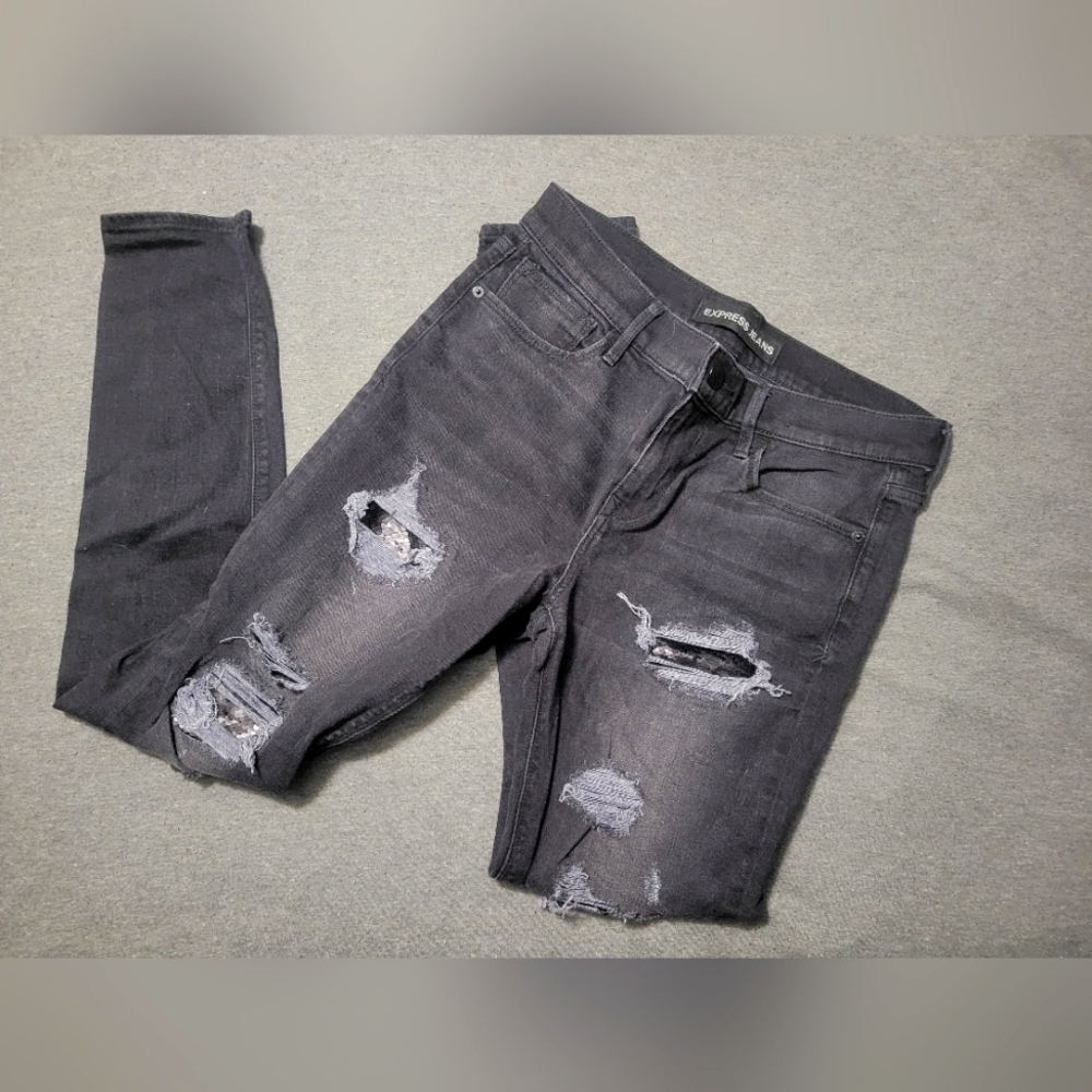 EXPRESS Mid Rise Legging Jeans Black Distressed Sequins Stretch Size: 8R